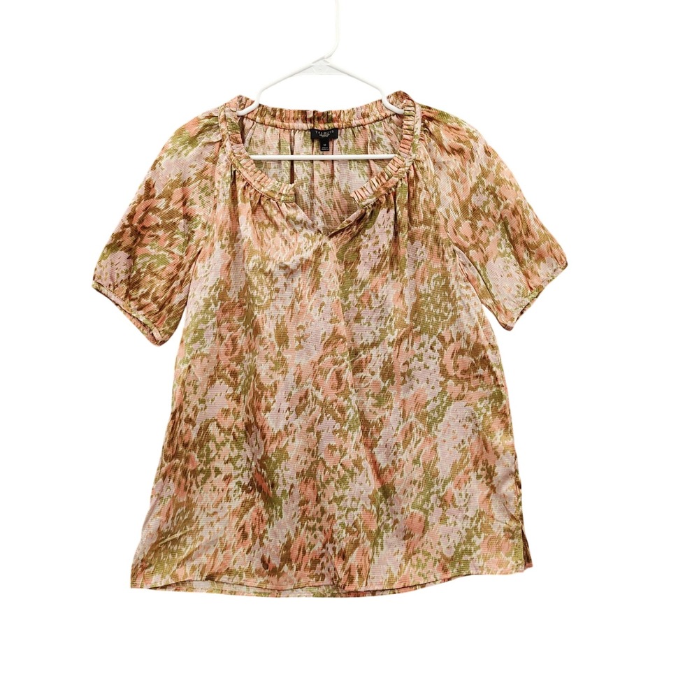 Talbots Womens Cottage Romantic Airy Split Neck Blouse MP Pink Green‎ Floral Top